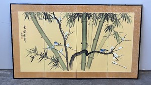 lot 4 image: Awesome Silk Asian Screen - Blue Birds and Bamboo