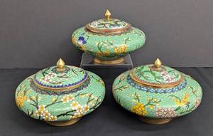 lot 141 image: Three Chinese Floral Cloisonn Lidded Jars