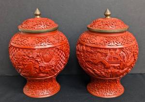 lot 165 image: Pair of Chinese Cinnabar Lacquer Urns