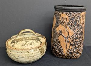 lot 161 image: Vintage Stoneware Vase and Covered Dish