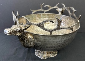 lot 211 image: Spectacular Hammered Silver Plate Footed Bowl with Buck Head Handles
