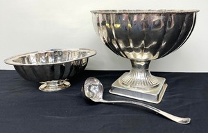 lot 221 image: Vintage Silver Plate Punch Bowl, Ladle and Serving Bowl