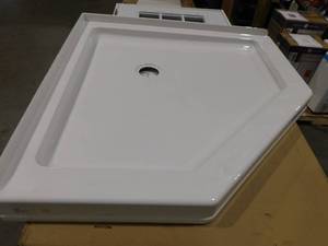 lot 69 image: Delta 38 x 38 Corner Shower Pan Base with Corner Drain in White
