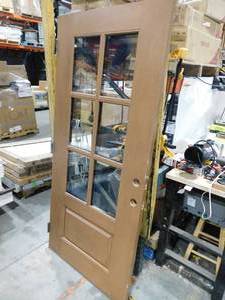 lot 76 image: Steves & Sons Regency 36 in. x 80 in. 34-6 Lite Clear Glass RHIS Chestnut Stain Mahogany Fiberglass SLAB