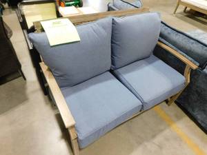 lot 123 image: Hampton Bay Geneva Steel Outdoor Patio Loveseat with Sunbrella Denim Blue Cushions