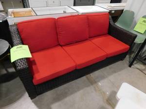 lot 134 image: Wicker Outdoor Patio Sectional Sofa with Thick Baby Red Cushions