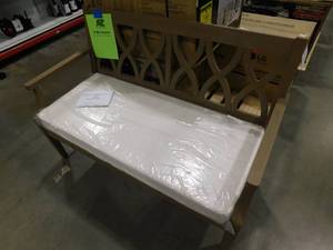 lot 139 image: Hampton Bay Amberley Glen 2-Person Wood Bench with CushionGuard Almond Tan Cushions