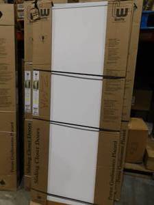 lot 62 image: 59 in. x 80 12 in. Aspen White Gloss Painted Steel Frame Prefinished White Hardboard Interior Sliding Door X 2