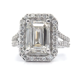 lot 1 image: 6.00 Carat Emerald Cut Diamond Halo Split Shank Ring in 14k White Gold $15,999 Retail VIDEO