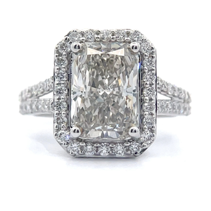 lot 2 image: Elegant 3.75 Carat Emerald Cut Diamond Halo Pave Split Shank Ring in 14k White Gold VIDEO