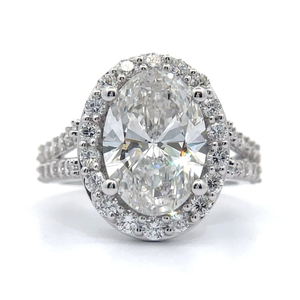 lot 3 image: 5.25 Carat Oval Diamond Halo Split Shank Engagement Ring in 14k White Gold VIDEO