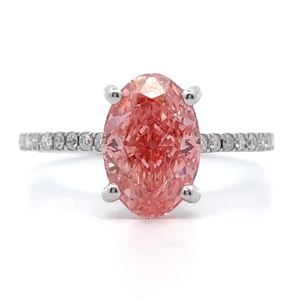 lot 6 image: BRAND NEW RARE 2.60 Carat Oval Fancy Vivid Orangy Pink & White Diamond Cathedral Ring in 18k White Gold w IGI REPORT $15,500 Retail VIDEO