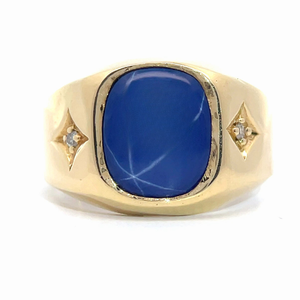 lot 12 image: Mens Vibrant Blue Star Sapphire & Diamond Engraved Ring in 14k Yellow Gold VIDEO