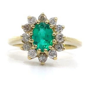 lot 13 image: 0.50 Carat Oval Emerald & Diamond Flower Cluster Ring in 18k Yellow Gold VIDEO