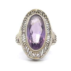 lot 16 image: Nature Inspired Oval Amethyst Filigree Ring in 14k White Gold