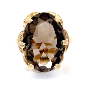 lot 20 image: XL Oval Smoky Quartz Solitaire Six-Prong Flower Petal Ring in Yellow Gold VIDEO