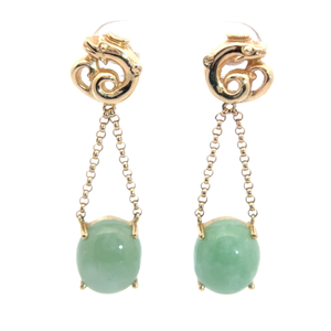 lot 9 image: Oval Jade Cabochon Dragon Trapeze Dangle Earrings in 14k Yellow Gold