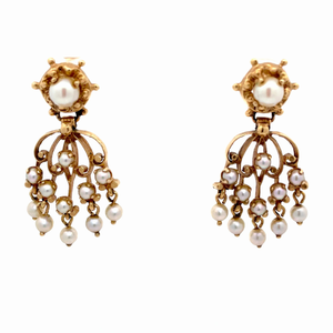 lot 23 image: Victorian White Pearl Mini Chandelier Dangle Earrings in 14k Yellow Gold