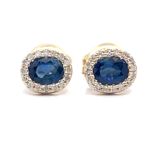 lot 45 image: Oval Blue Sapphire & Diamond Halo Stud Earrings in 14k Yellow Gold VIDEO