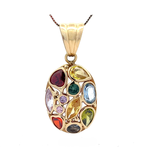 lot 15 image: Made in Italy Multi-Color Gemstone Mosaic Cluster Bouquet Pendant in 14k Yellow Gold