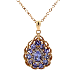lot 30U image: Stauer Tanzanite & Diamond Pear Cluster Lace Pendant Necklace in Yellow Gold VIDEO