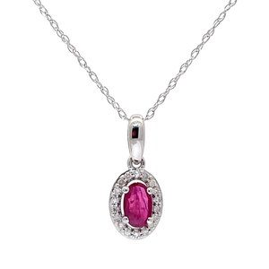 lot 31 image: NEW Oval Ruby & Diamond Halo Cluster Drop Pendant Necklace in White Gold