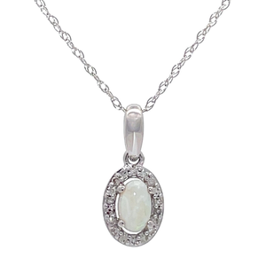 lot 36 image: NEW Oval White Opal & Diamond Halo Pendant Necklace in White Gold