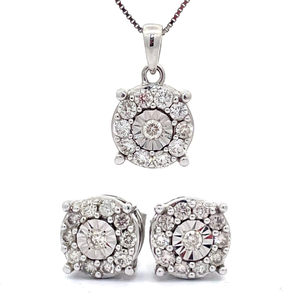 lot 44 image: Diamond Miracle Illusion Stud Earrings & Matching Pendant 2-Piece Jewelry Set in White Gold VIDEO