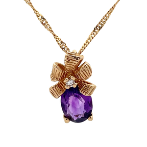 lot 28 image: Oval Amethyst & Diamond Flower Pendant Necklace in 14k Yellow Gold