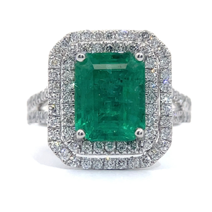 lot 4D image: 4.41 Carat Emerald & Diamond Double Halo Ring in Platinum $28,370 - Appraisal Included VIDEO