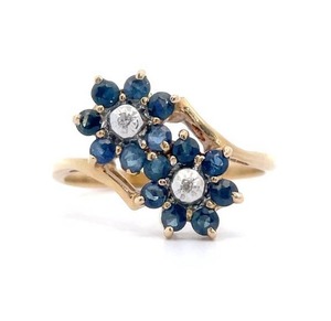 lot 59B image: 0.25 Carat Blue Sapphire & Diamond Double Flower Bouquet Ring in 14k Yellow Gold VIDEO