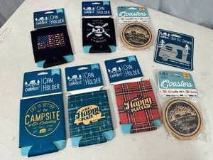 New Camper Themed Drink Coozies, Drink Coasters, Bottle Opener