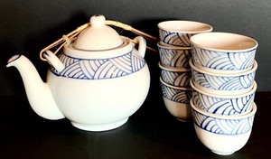 Vintage Blue and White Ceramic Teapot and Teacups