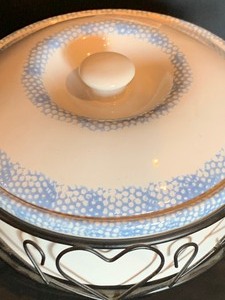 Country Style Cream with Blue Speckled Serving Dish with Metal Serving Rack