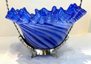 Vintage Cobalt Blue Art Glass Brides Basket