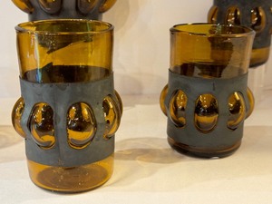 Vintage 1960s Felipe Derflingher Brutalist Caged Hand Blown Glass Beverage Set
