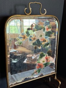 Antique Hand Painted Brass and Mirror Fireplace Screen