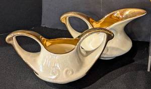 Mid Century Gold Drip Painted Porcelain Creamer and Sugar Sets
