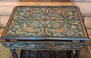 Beautiful Rolling Tooled Leather and Wood Bar Cart