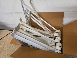 lot 50 image: Box of shelving brackets and 3 Utility Hanger hooks