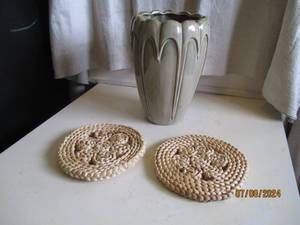 lot 54 image: 10 Glazed clay vase and straw coas...