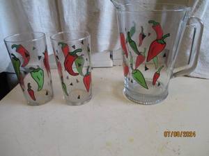 lot 152 image: 3pc hand painted chilies water pitc...
