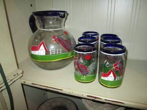 lot 371 image: 7pc Cobalt blue rimmed hand blown and painted Mexican glass water pitcher and drinking glass set