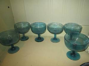 lot 388 image: (6) Hand blown Mexican Aqua spiral swirl goblets