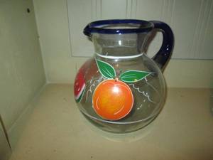 lot 390 image: Large hand painted and blown Mexican pitcher with Cobalt blue handle