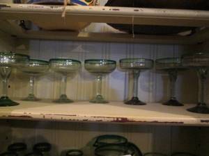 lot 396 image: Set of (7) green rimmed Mexican hand blown margarita glasses