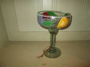 lot 400 image: Hand blown Mexican margarita glass with painted fruit detail