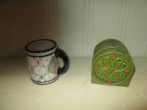 lot 426 image: Hand painted ceramic Mexican coasters with holder and ceramic mug