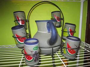 lot 447 image: Hand painted Mexican frosted glassware set with matching water pitcher and metal framed display stand
