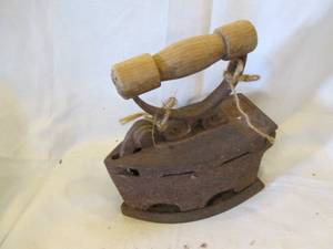 lot 210 image: Antique Charcoal sad iron with wood...